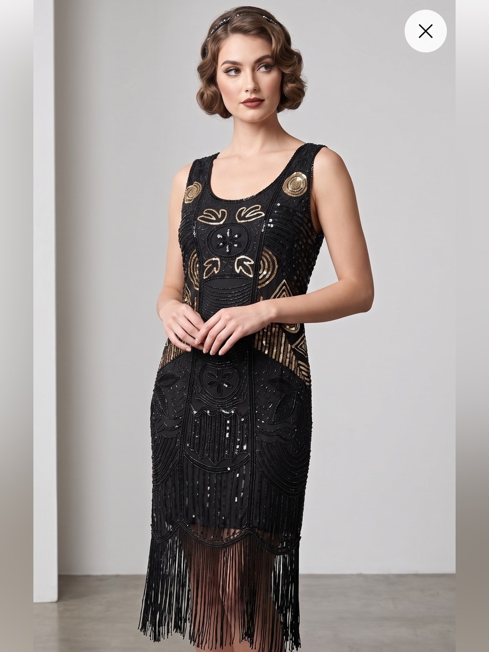 Unique Vintage Black Beaded Fringe Flapper Midi Dress with Gold Accents